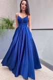 Niulatu Blue Spaghetti Straps Lace Applique Prom Dress with Elegant HZ1007