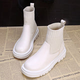 Niulatu Woman Slip-On Shoes Woman Fashion Knitted Elastic Round Toe Short Boots Platform Square Heels Leather Boots Women DJSE