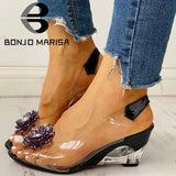 Niulatu Size 34-43 Hot Sale INS Hot Transparent Flat Sandals Shoes Woman Elegant Flowers Wedges Sandals Women DJSE