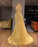 Niulatu Yellow High Neck Sleeveless Sequins Evening Dress Mermaid Prom Party Dress HZ1007