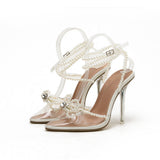 Niulatu Summer New Women's Sandals Sexy Pearl Bow Classic White Transparent PVC Stiletto Sandals High Heel Banquet Shoes DJSE