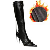 Niulatu Luxury Pointed Toe Stiletto Women's Shoes Retro Metal Buckle Zipper Knee High Boots Slim Tassel Boots Women Size 43 DJSE