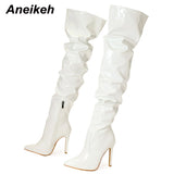 Niulatu Female Women Shoes Heels Fashion Solid Patent Leather Over The Knee Chelsea Boots Sexy Thin High Heel Side Zippers DJSE