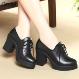 Niulatu Women Pumps Shoes Genuine Leather Pointed Toe Lace-Up 8cm & 5cm Thick High Heel Shallow Solid Casual Female Shoes Plus Size DJSE
