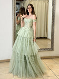 Niulatu A-Line Sweetheart Neck Off Shoulder Tulle Lace Long Prom Dress,Formal Evening Dress HZ1108