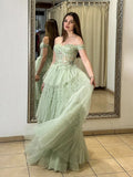 Niulatu A-Line Sweetheart Neck Off Shoulder Tulle Lace Long Prom Dress,Formal Evening Dress HZ1108