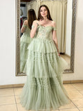 Niulatu A-Line Sweetheart Neck Off Shoulder Tulle Lace Long Prom Dress,Formal Evening Dress HZ1108