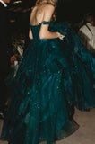 Niulatu Green A Line V Neck Tulle Sequin Lace Long Prom Dress,Dark Green Formal Prom Dress HZ1108