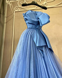 Niulatu A-line Spaghetti Straps Satin Tulle Long Prom Dress, Blue Eevening Dress HZ1108