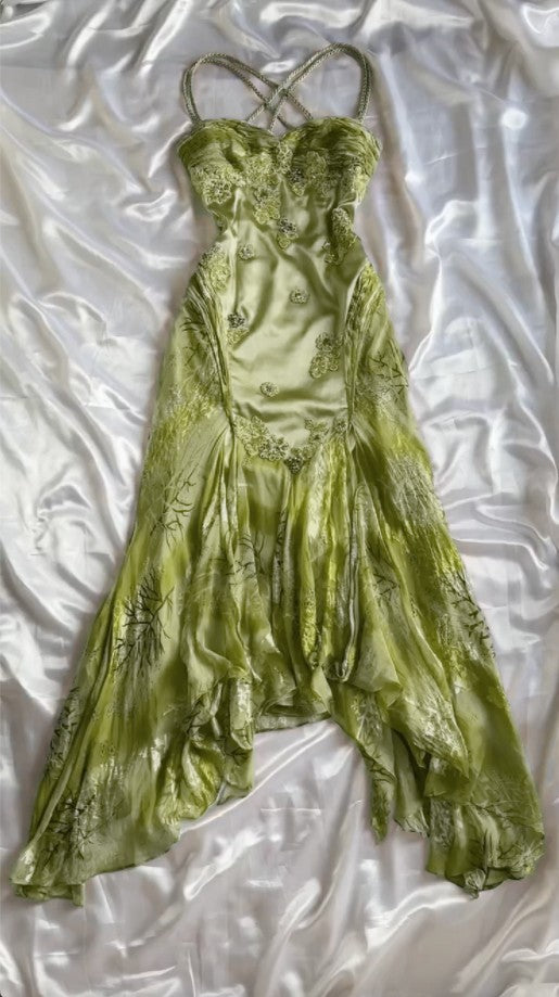 Niulatu Vintage Floral Satin Applique Spaghetti Straps Chiffon Prom Dresses Party Dresses HZ1026