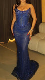 Niulatu Strapless Sheath Tulle Beaded Long Prom Dresses, Royal Blue Formal Evening Dresses HZ1026