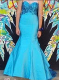 Niulatu Strapless Mermaid Long Prom Dresses Satin Blue Evening Gowns HZ1026