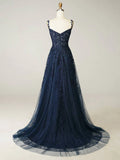 Niulatu Elegant Sweetheart Neck Tulle Lace Dark Blue Long Prom Dress, Dark Blue Long Evening Dress HZ1026