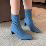 Niulatu Women Ankle Boots Pointed Toe Sock Botas Thick High Heels Black/Blue Denim Stretch Shoes Back Zipper Winter Autumn Botas DJSE