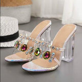 Niulatu Fashion Crystal Diamond Slides Clear PVC Transparent Slippers Women Shoes Peep Toe High Heels Mules Dress Pumps DJSE
