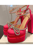 Niulatu Women Pumps Elegant Party Shoes Butterfly-Knot Crystal Hoof Heel Platform Square Toe High Heel Dress Shoes DJSE