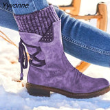 Niulatu Women's Winter Mid-Calf Boots Flock Winter Shoes Ladies Fashion Snow Boots Shoes Thigh High Suede Warm Botas Zapatos De Mujer DJSE