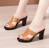 Niulatu Size 32-43 High Heels Slippers Women Platform Shoes Summer 2025 Block Heel Leather Slides Ladies Office Slippers DJSE