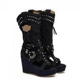 Niulatu Ladies Ankle Boots Shoes Retro Canvas Cowboy Wedges Boots Women's Shoes Tailoring Sandals Women Mujer Sapato Feminino DJSE