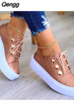 Niulatu Fashion Women Flats Solid Skateboard Shoes Comfortable Casual Pu Sneakers Female Platform Lace-Up Sneakers Footwear DJSE