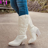 Niulatu Retro Vintage Western Boots Women Autumn Winter Chunky High Heels Cowboy Mid Calf Boots Female Cowgirls Shoes Woman DJSE