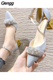 Niulatu High Heels Pumps Women Elegant Pearl Buckle Square Heels Wedding Party Shoes Ladies Pointed Toe Ankle Strap Pumps DJSE