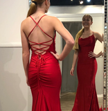 Niulatu Spaghetti Strap V-neck Sleeveless Mermaid Satin Long Prom Dresses With Trailing For Party SD1541