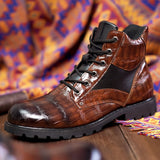 Niulatu Men High Top Boots Leather Round Toe Grid Pattern Square Heel Males Shoes Exquisite Leisure Design Men Boots Cowboy Boots DJSE