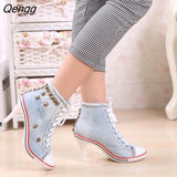 Niulatu Women Canvas Shoes Denim High Heels Rivets Shoes Fashion Shoe Laces Sneakers Women Short Women's Pumps black blue DJSE