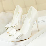 Niulatu Shoes Pink Heels Woman Blue Sweet Bow Women White High Heels Matte Leather Pumps Thin Heel Pointed Ladies high heels DJSE