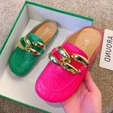 Niulatu Women Slipper Low Heels Casual Slides Flip Flop Round Toe New Arrival Brand Design Gold Chain Closed Slip On Shoes Mulles DJSE