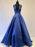 Niulatu A-line Deep V Neck Satin Long Prom Formal Graduation Evening Party HZ1007