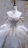 Niulatu Off-the-shoulder Ball Gown White Wedding Dress Satin Beaded Bridal Dress Elegant Bridal Gown HZ1031