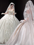 Niulatu Off-the-shoulder Ball Gown White Wedding Dress Satin Beaded Bridal Dress Elegant Bridal Gown HZ1031