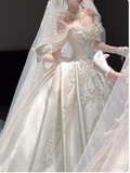 Niulatu Off-the-shoulder Ball Gown White Wedding Dress Satin Beaded Bridal Dress Elegant Bridal Gown HZ1031