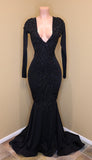 Niulatu Long V-neck Sequined Mermaid Black Prom Dress with HZ1007