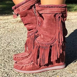 Niulatu Boots Woman Pleated Tassel Mid-calf Boots Womens Sewing Footwear Buckle Leather High Heels Shoes Female Plus Size Zip DJSE