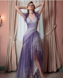 Niulatu Mermaid Spaghetti Straps Tulle Grape And White Long Prom Dress HZ1110