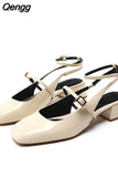 Niulatu Summer White Mary Janes Heeled Sandals For Women Squared Toe Block Heel Slingbacj Shoes Black Leather Heels DJSE