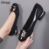 Niulatu Women Sweet Round Toe Cool Comfort Square Heels Pumps for Party Lady PU Leather Stylish Elegant Low-heeled Shoes Autumn Loafers DJSE