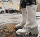 Niulatu Women PVC Rainboots Chunky Heel Height Increasing Short Boots Thick Sole Motorcycle Ankle Boots For Women Rain Shoes DJSE