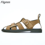 Niulatu Shoes Women Genuine Leather Gladiator Sandals Round Toe Flats Buckle Fashion Ladies Footwear Summer Khaki Big Size 43 DJSE