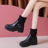 Niulatu Women Shoes 2025 Winter Fashion Knitting Booties Women Belt Buckle Plus Velvet Platform Boots British Style Martin Botas DJSE