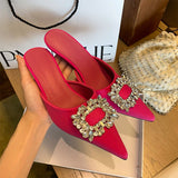 Niulatu Women's Sandals Closed Toe Single Shoes Thin Heel Mid-heeled Fashion Rhinestones Pointed Toe Women Shoes Large Size DJSE