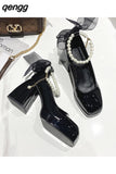 Niulatu Heels Elegant Bow Square Toe Black Fashion Women&#39;s Pumps Thick Heel Wedding Party Pearl Lace Wedding Shoes for Women DJSE