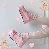 Niulatu Brand Sweet Lovely Buckles Lolita Mary Janes Cosplay Black Gothic Pink Platform Med Heels Shoes Women Pumps Big Size 43 924 DJSE