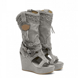 Niulatu Ladies Ankle Boots Shoes Retro Canvas Cowboy Wedges Boots Women's Shoes Tailoring Sandals Women Mujer Sapato Feminino DJSE