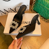 Niulatu Women's Sandals Closed Toe Single Shoes Thin Heel Mid-heeled Fashion Rhinestones Pointed Toe Women Shoes Large Size DJSE