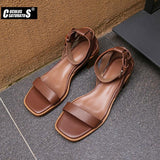 Niulatu Leather Sandals Women Summer Beach Fashion Sexy Flat Casual Open Toe Shoes Med Heels Square Toe Black Rome Sandals DJSE