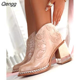 Niulatu Women Ankle Boots 2025 Leather Shoes Low Heel Cool British Embroidered Design Soft Short Boots Party Woman Footwear Crystal Heel DJSE